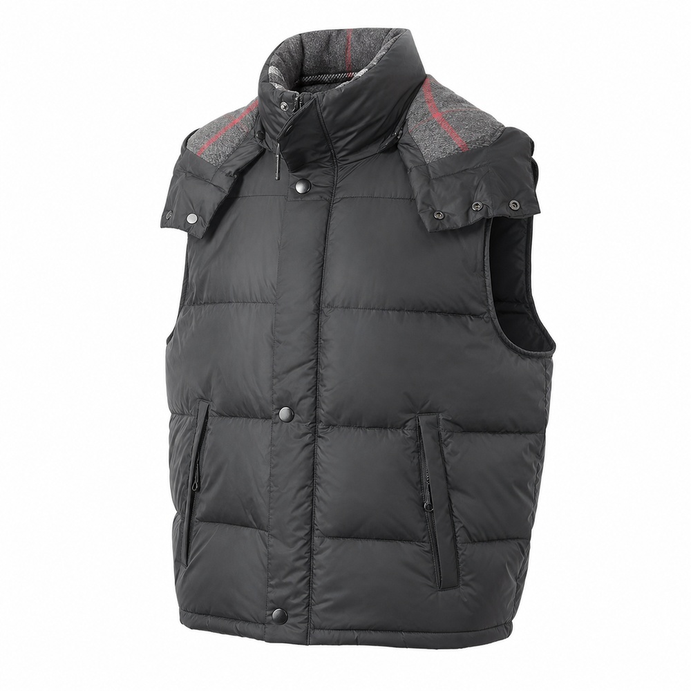 Black Check-Yoke High-Collar Down Vest