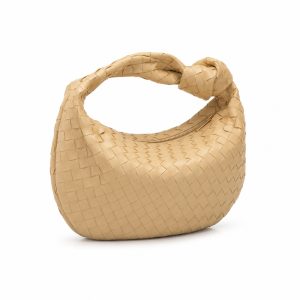 Beige Woven Crescent Hobo Bag