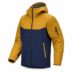 Mustard and Navy Color-Block Hooded Down Jacket