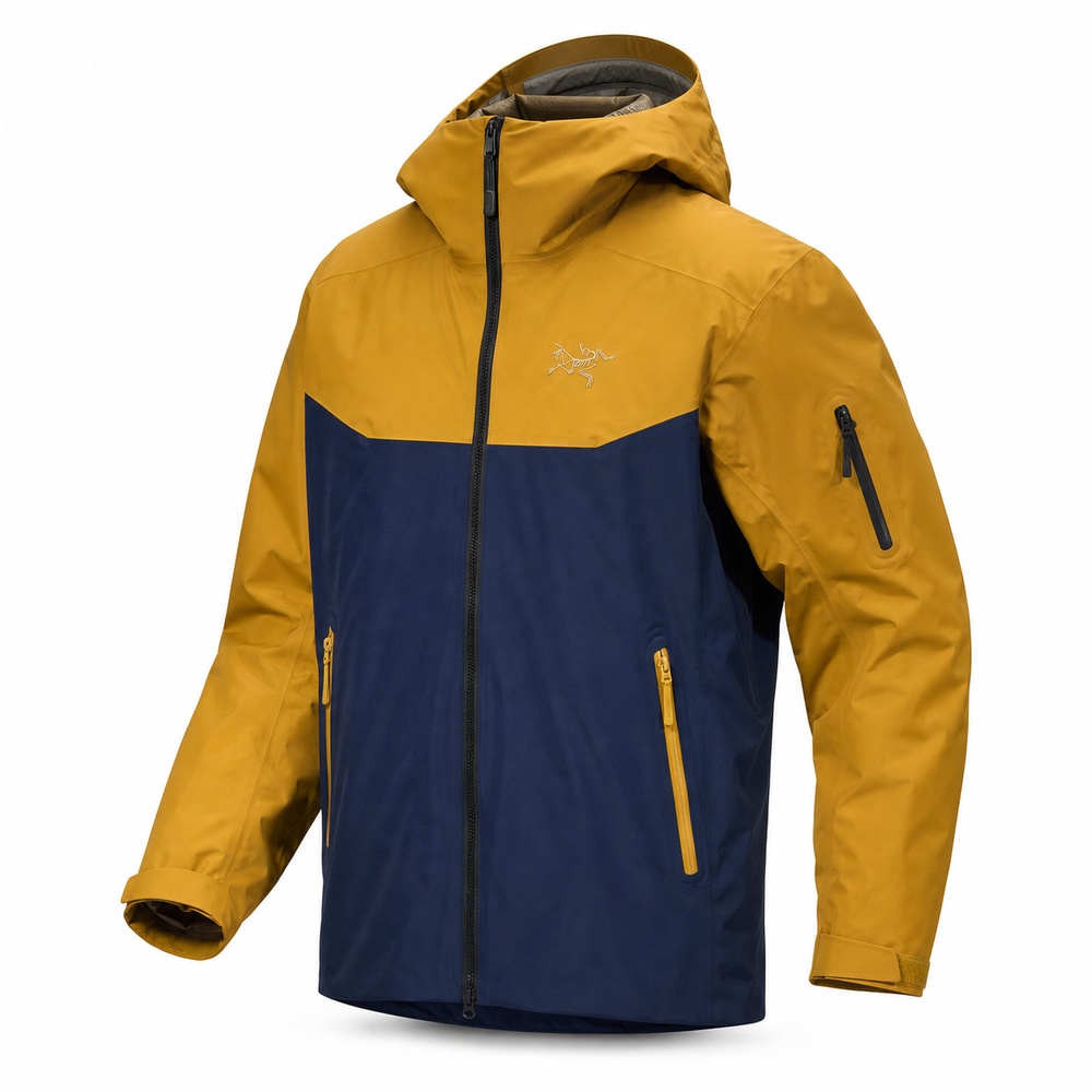 Mustard and Navy Color-Block Hooded Down Jacket