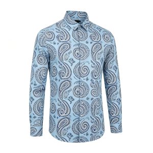 Light Blue Vintage Paisley Print Long Sleeve Shirt – affordable fashion online
