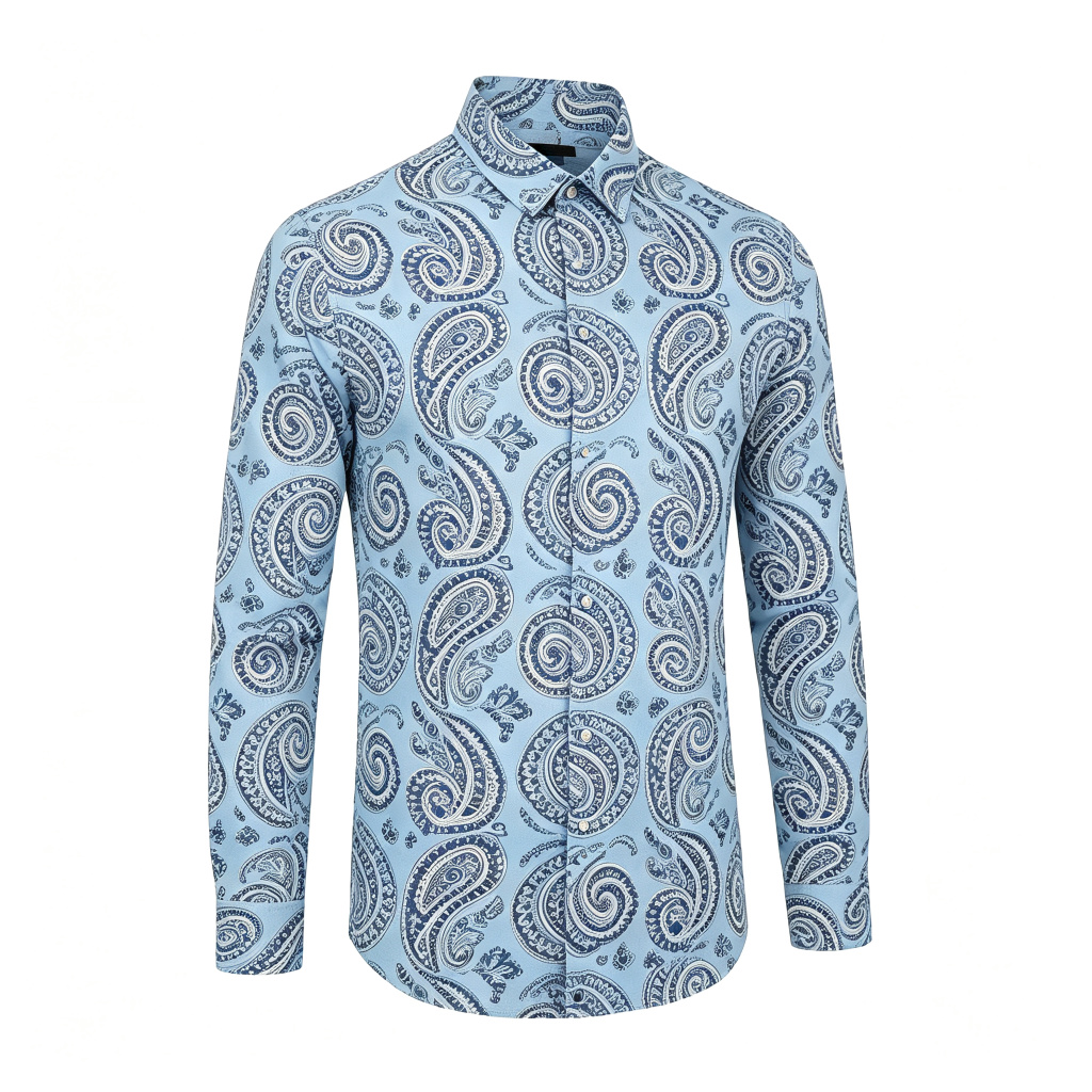 Light Blue Vintage Paisley Print Long Sleeve Shirt – affordable fashion online