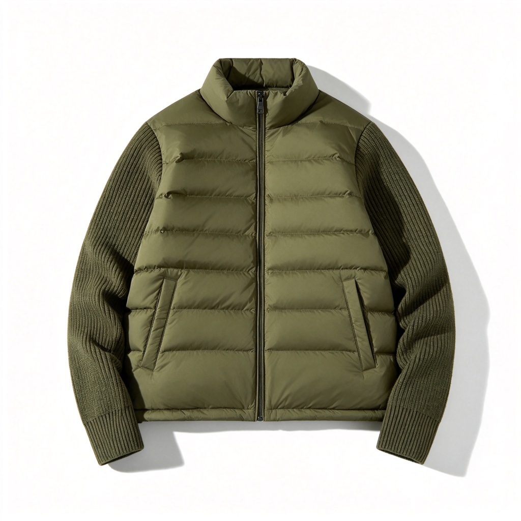 Army Green Knit Sleeve Stand Collar Down Jacket