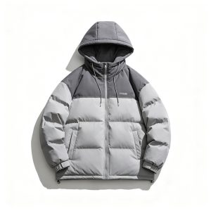 GrayColor-Block Hooded Down Jacket
