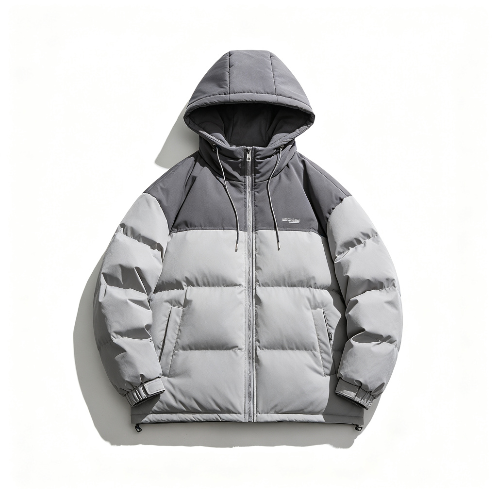 GrayColor-Block Hooded Down Jacket