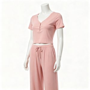Pink Henley Short Sleeve Tee & Wide-Leg Pants Set