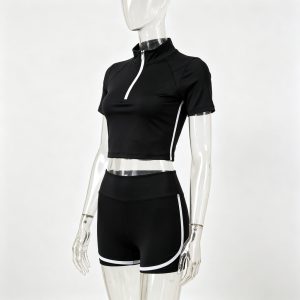 Black Zip-Up Short Sleeve Top & Shorts Set