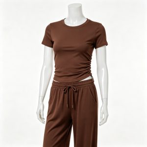 Brown Fitted Tee & Wide-Leg Pants Loungewear Set