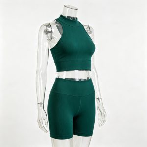 Emerald Green Ribbed Racerback Crop & Biker Shorts Set