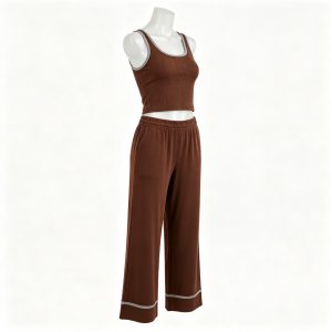 Brown Ribbed Tank & Wide-Leg Pants Loungewear Set