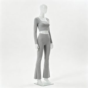Gray Square-Neck Long Sleeve Crop & Flared Leggings Set