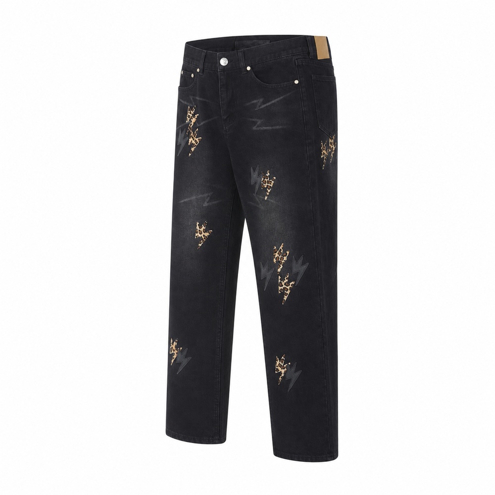 Black Washed Leopard Lightning Straight-Leg Jeans