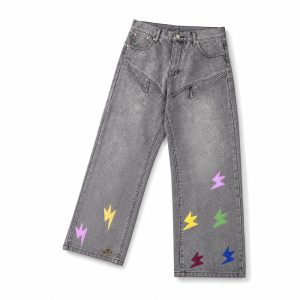 Gray Washed Lightning-Patch Straight-Leg Jeans