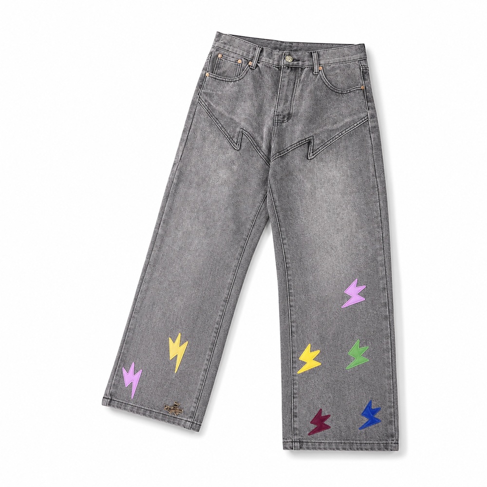 Gray Washed Lightning-Patch Straight-Leg Jeans