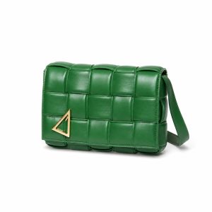 Green Padded Woven Flap Shoulder Bag