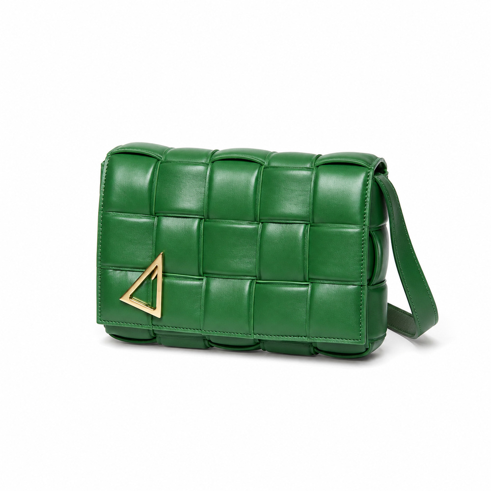 Green Padded Woven Flap Shoulder Bag