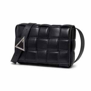 Black Padded Woven Flap Shoulder Bag