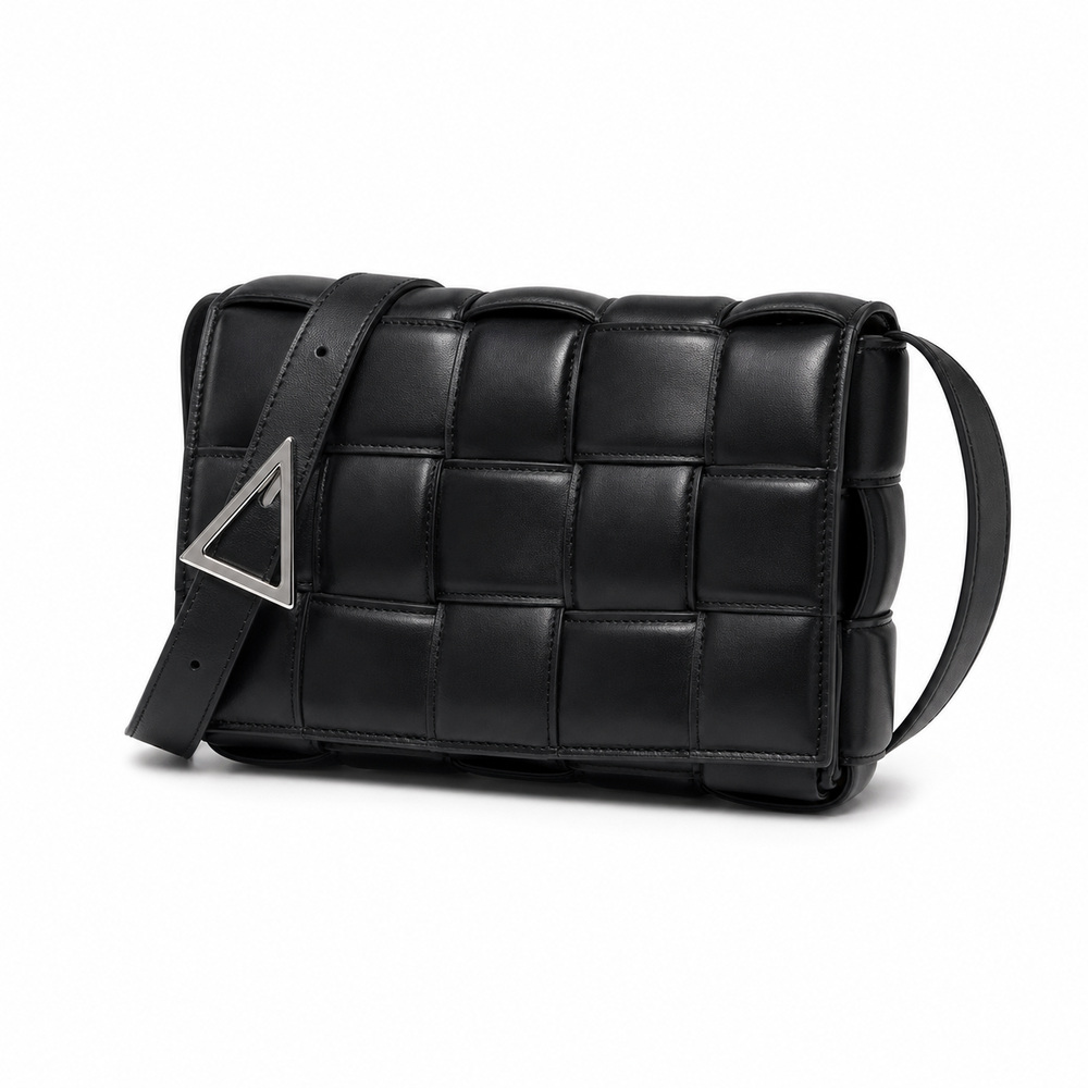Black Padded Woven Flap Shoulder Bag