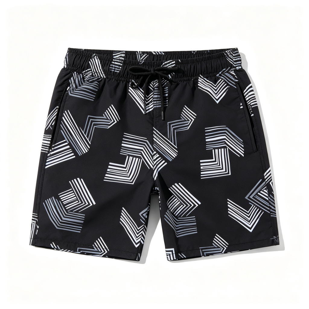 Black Abstract Geometric Print Beach Shorts – casual bottoms and everyday streetwear