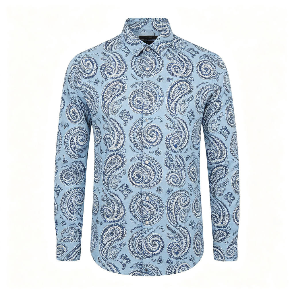 Light Blue Vintage Paisley Print Long Sleeve Shirt – affordable fashion online