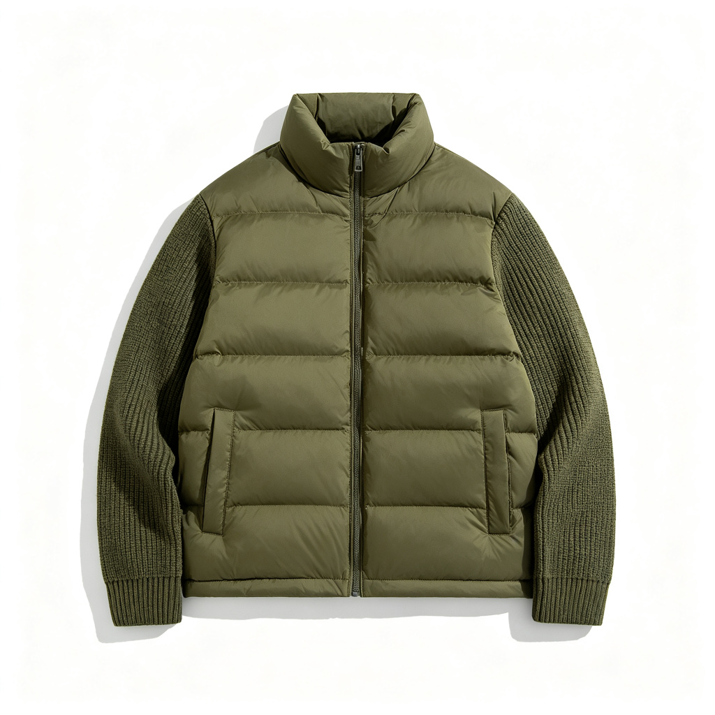 Army Green Knit Sleeve Stand Collar Down Jacket