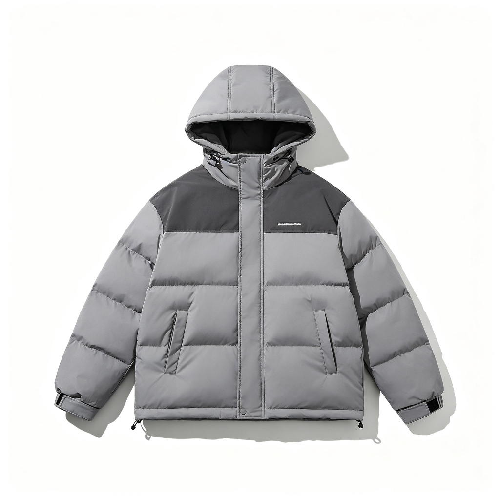 GrayColor-Block Hooded Down Jacket