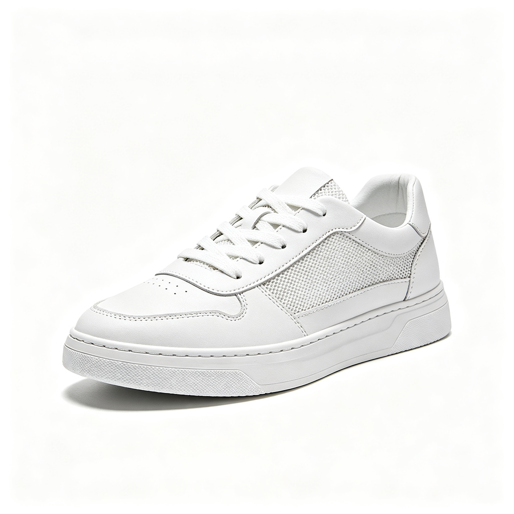 White Leather Mesh Low Top Sneakers – comfortable casual shoes and sneakers