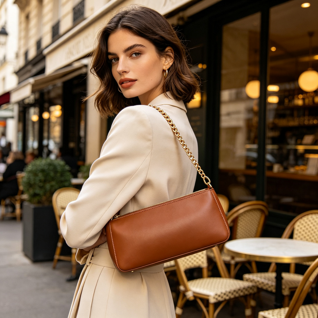 Brown Leather Baguette Bag
