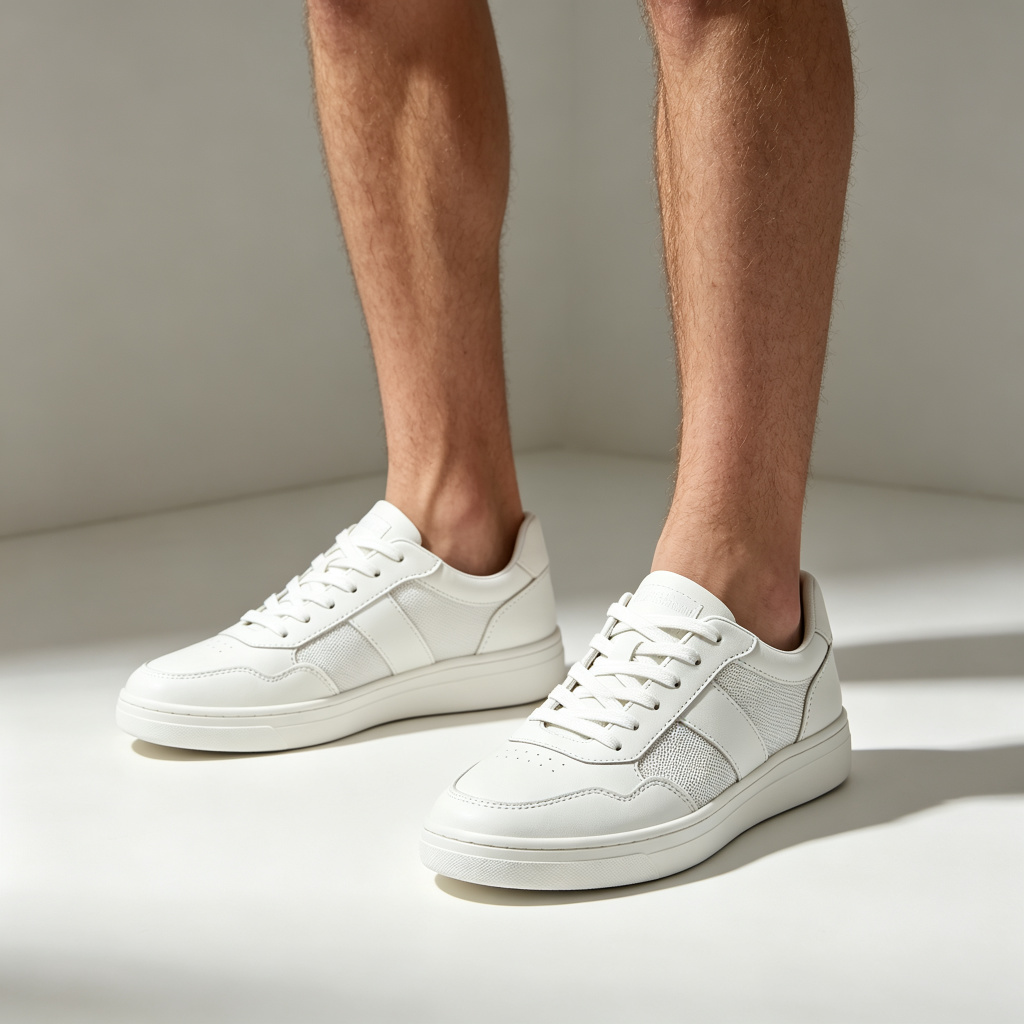 White Leather Mesh Low Top Sneakers – comfortable casual shoes and sneakers