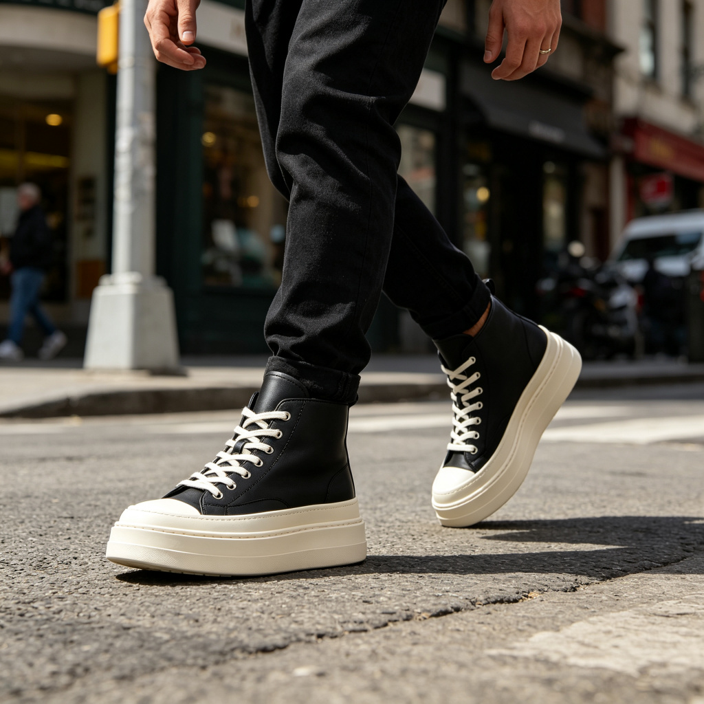 Black Leather High Top Platform Sneakers – comfortable casual shoes and sneakers