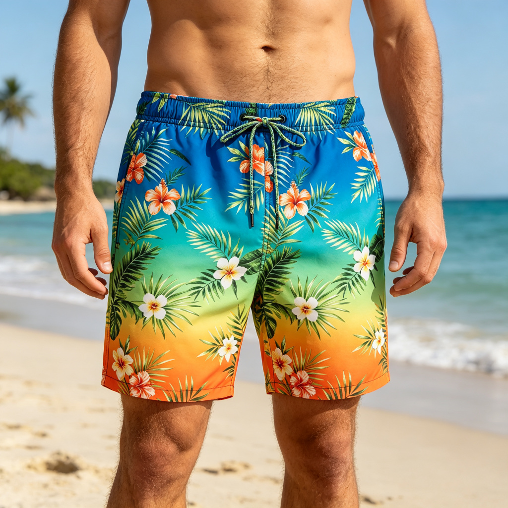 Colorful Gradient Tropical Print Beach Shorts – casual bottoms and everyday streetwear