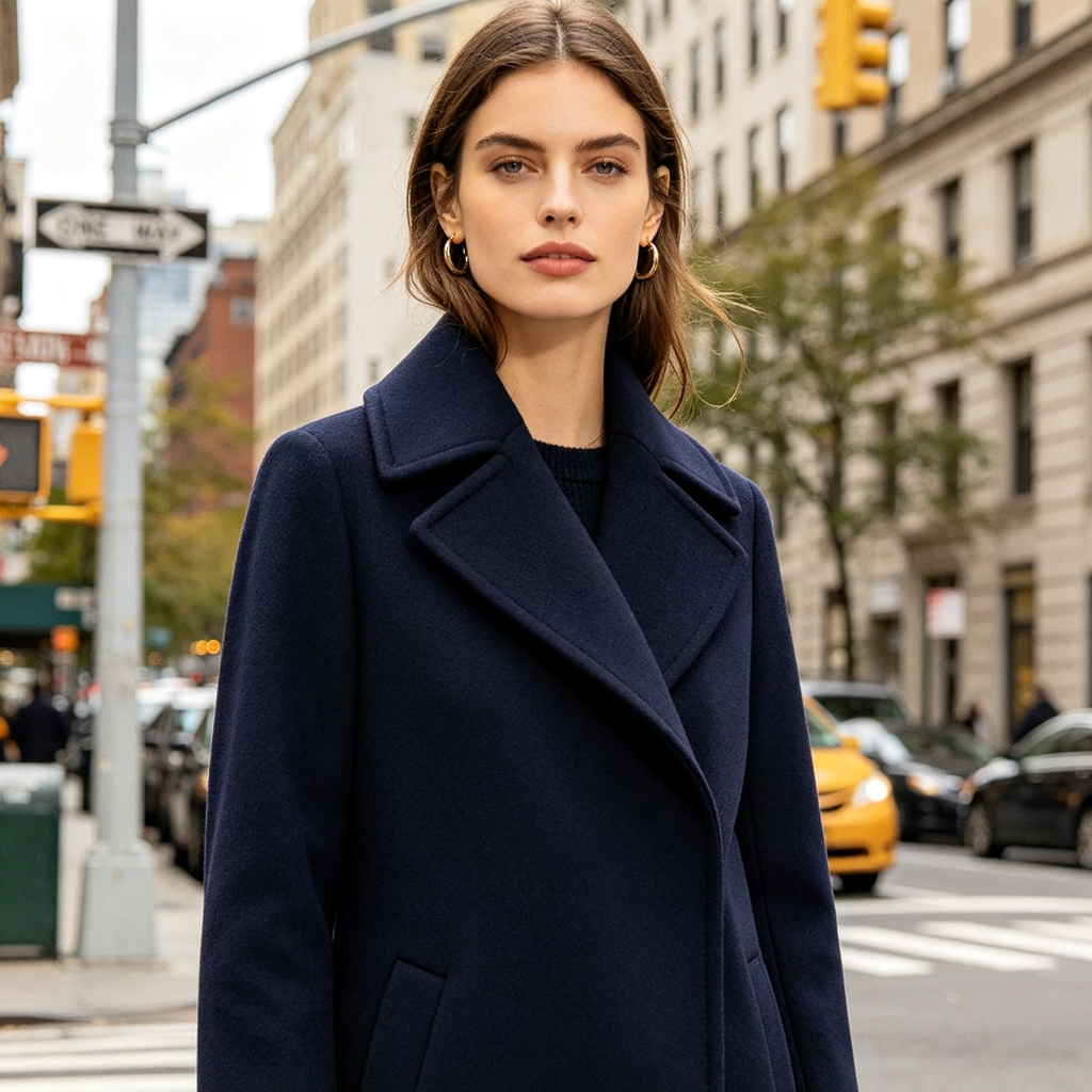 Navy Blue Double-Breasted Wool Coat – warm winter jacket and outerwear