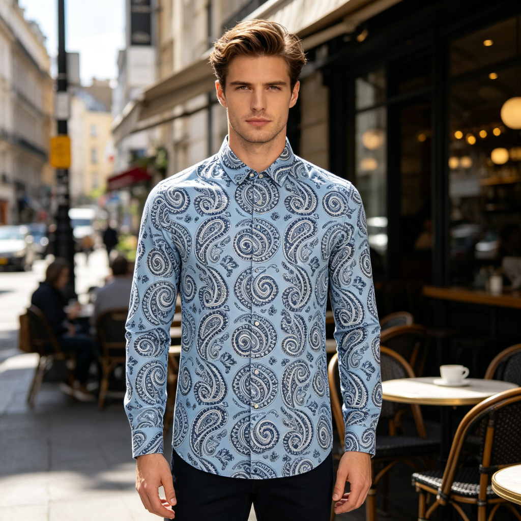 Light Blue Vintage Paisley Print Long Sleeve Shirt – affordable fashion online