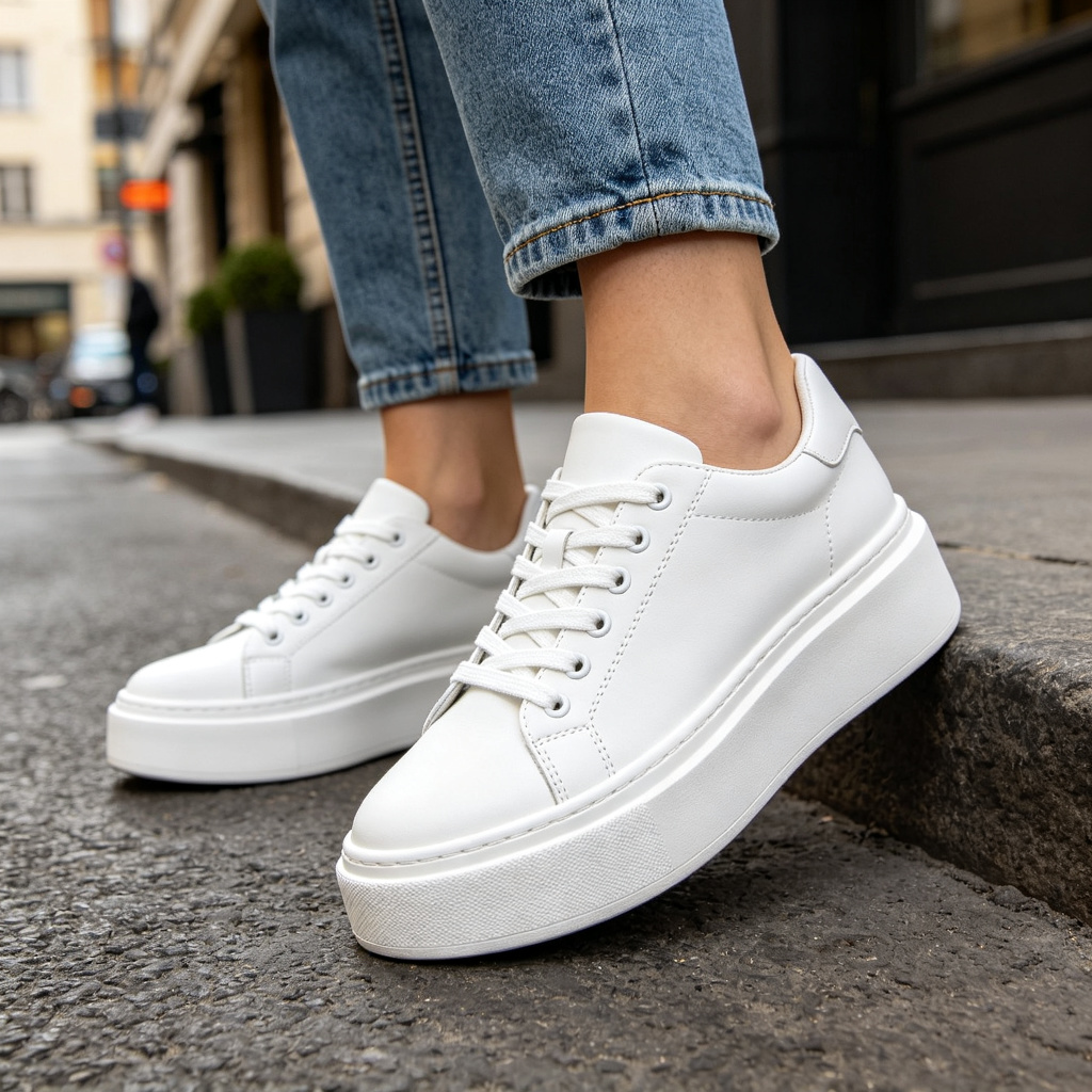White Leather Platform Chunky Sole Sneakers