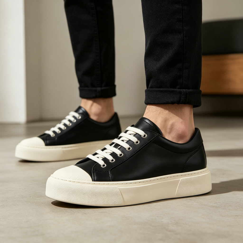 Black Leather Low Top Platform Sneakers
