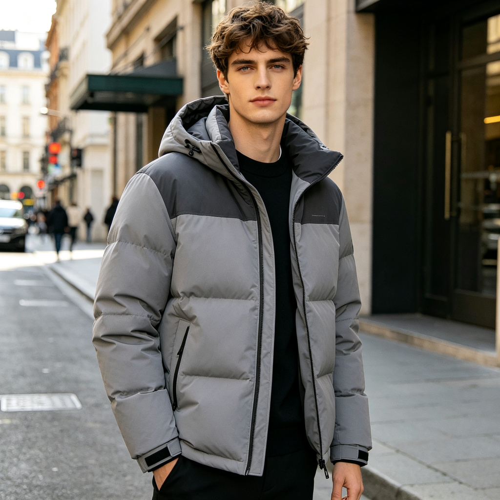 GrayColor-Block Hooded Down Jacket
