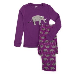 Kinder-Top – Baumwolle, Fleece, Hose, Schlafanzug, Lila, Elefantenmotiv