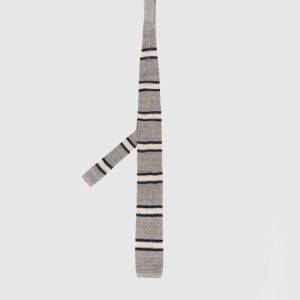 Brunello Cucinelli Herren-Krawatte – Streifenmuster, Baumwolle, Leinenmischung, gestrickt, Grau, Marineblau, Weiß, Krawatte