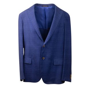 Einreihiger Blazer – Blau, Leinenmischung, Karomuster