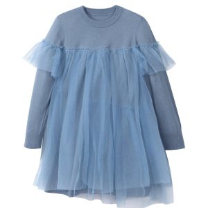 Kinder-Kleid – gestrickt, Tüll, Blau