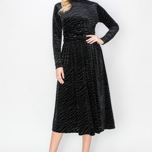 Kleid – Schwarz, Samt, Midi, 7833636896828