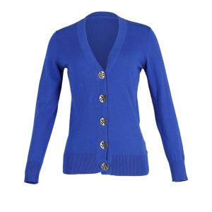Tory Burch Strickjacke – Gold, Knopf, Blau, Wolle