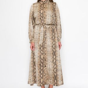 Kleid – Braun, Schlangenmuster, Langarm, 7832922193980