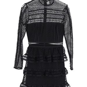 Self-Portrait Kleid – Stehkragen, mit Spitze, gerüscht, Mini, Schwarz, Viskose
