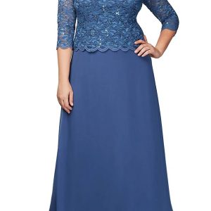 Kleid – Bogenkante, mit Spitze, Chiffon, Blau