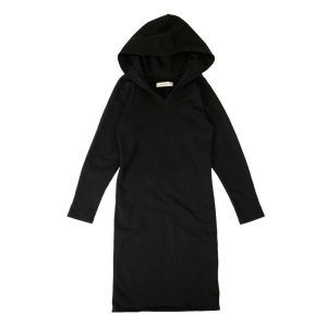 Damen-Kleid – Schwarz, Baumwolle, Langarm, mit Kapuze, Midi