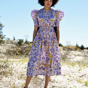 Kleid – Lila, Blumenmuster, Baumwolle, Midi