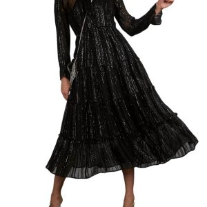 Kleid – Schimmer, Streifenmuster, Maxi, Schwarz, Schimmer, Streifenmuster