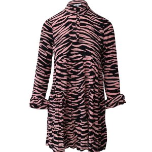 Ganni Kleid – Leopardenmuster, Langarm, Mini, Schwarz, Rosa, Viskose