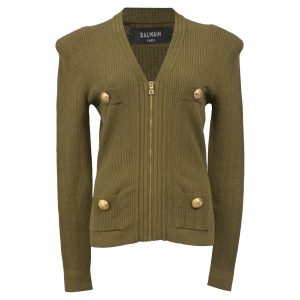 Balmain Strickjacke – Reißverschluss, Olivgrün, Wolle, 7833641025596